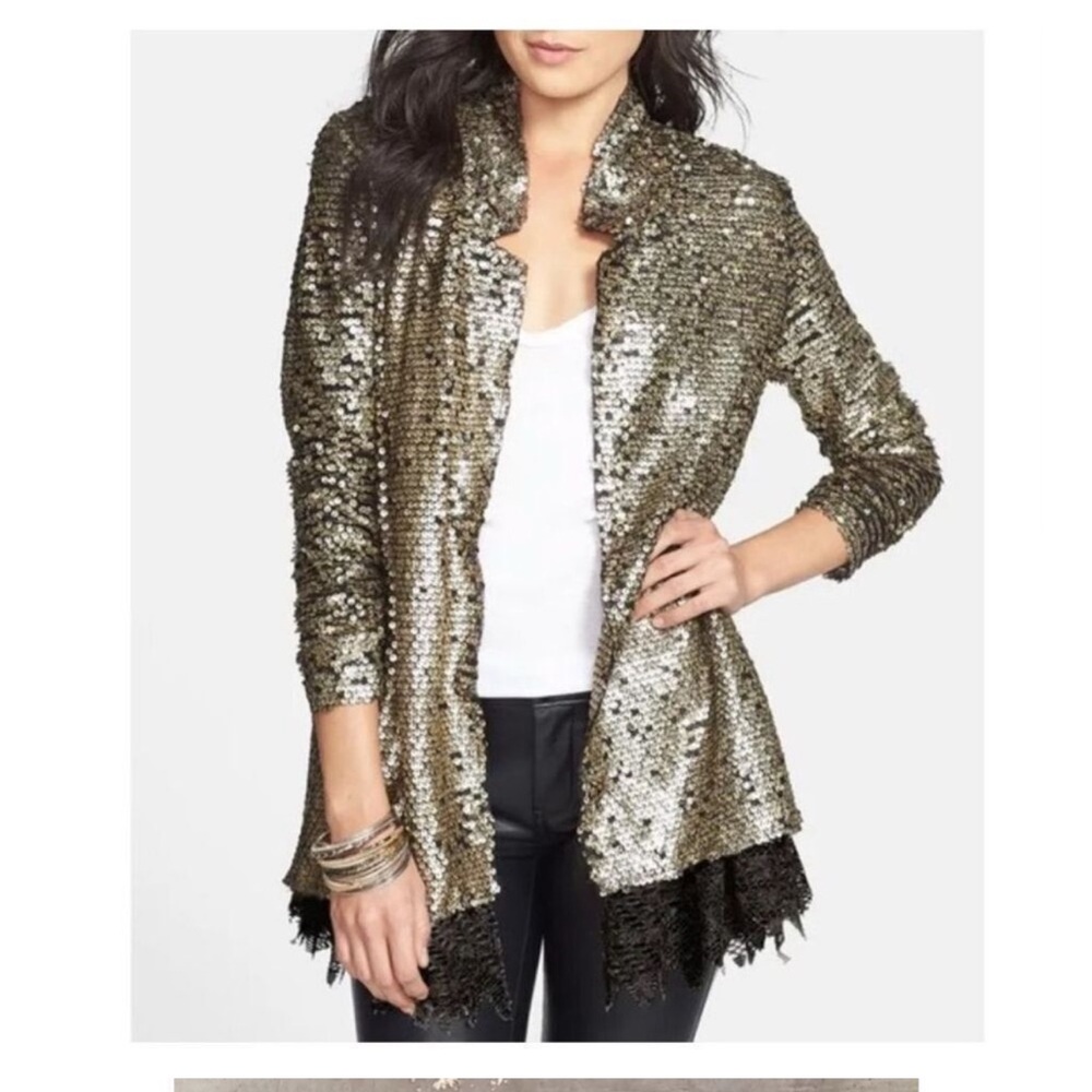 Free People “Stardust” antiqued gold sequin paillettes lace boho jacket top XS